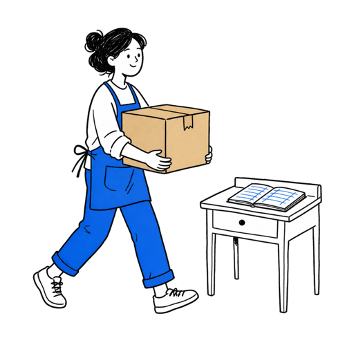 A seller carrying a new stock box toward the inventory ledger