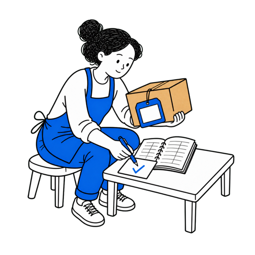 A seller comparing a box label with the inventory ledger